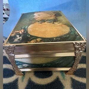 vintage Schmid Silk Portrait Metal Musical Jewelry Box